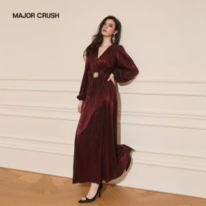 Wine Red Banquet Dress High Waist V-Neck Design
