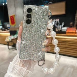 Designed for Samsung Galaxy Z fold 7 Case Cute for Women Girls Luxury Sparkle Rhinestone Skull Pearl Crystal Strap Chain Bracelet Bling Glitter Diamond Slim Acrylic Shockproof Cover Pearl