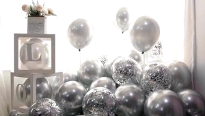 Set 14 Bóng Bay Trang Trí Sinh Nhật - Nhôm Trái Tim Ngôi Sao Kèm Bóng Confetti Nhiều Màu - Bong Bóng Nhũ Mix Kim Tuyến Dùng Trang Trí Tiệc Cưới Party