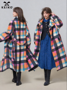KEIKO | Dopamine Style Color Plaid Loose Long Wool Coat