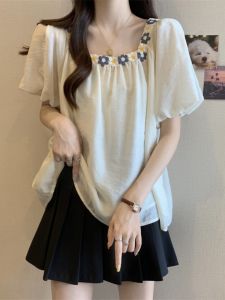 Tummy Covering Square Collar Lace Hollow Back Short Sleeve Blouse for Summer