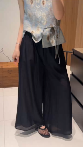 Women New Chinese Style Lyocell Wide Leg Pants High Waist Elastic Waist Breathable Oriental Casual Trousers Black M