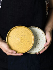 Retro Japanese Style round Ceramic Plate Simple Nordic Creative Coffee Cup Saucer Fruit Dish Adult Handmade Hand-Painted Dish