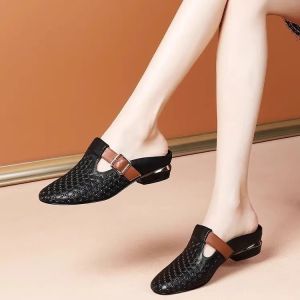 Womens Genuine Leather round Toe Slippers Summer 2024 Breathable Open-Toe Sandals Thick Heel Hollow out Belt Casual Shoes