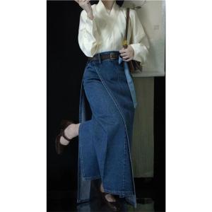 High Waist Long A-Line Denim Skirt Womens Spring Autumn New Korean Style Retro Hip Covering Slimming Half-length Skirts