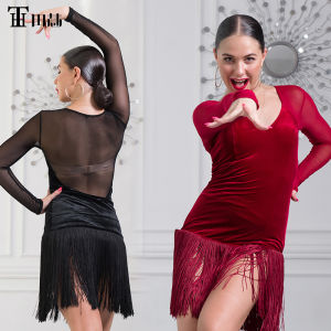 Tianhui New Latin Dance Womens Tassel Dress Performance Competition Uniform Adult Long Sleeve Swing Samba Cha Cha Dress