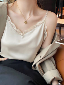 เสื้อกั๊กผ้าซาตินอะซิเตทลูกไม้สายเดี่ยวสำหรับผู้หญิงในช่วงฤดูร้อน เสื้อเชิ้ตคอวีไหมแท้สำหรับใส่ในชุดสูท เสื้อผ้าทำงานสำหรับวัยรุ่น