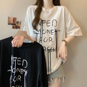 Áo Thun Nữ Tay Ngắn Mùa Hè Phong Cách Hàn Quốc Rộng Rãi Cổ Tròn Cotton 92% Polyester 8% Thiết Kế Chữ Kết Hợp Nơ