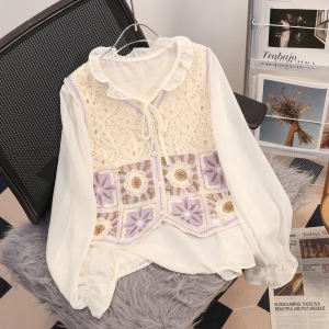 Spring Summer New Hook Flower Hollow out Thin Knitted Vest Shell Top Womens Two Piece Set Polyester Fiber V Neck Short Length
