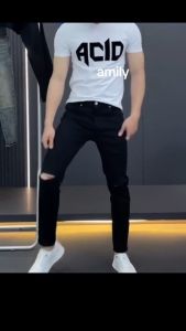 Quần Skinny Jeans Nam AMILY Màu Đen Rách Gối To Chất Liệu jean Cotton Co Giãn Ống Đứng Dáng Ôm Chân Chuẩn Skinny