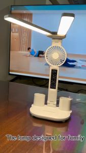 Lamp Shade for Study With Fan 3000mAh Rechargeable LED Table Lamp Study Lamp with 2 Head Dimmable Touch Control Desk Lamp With Calendar Temperature Clock Eye Protection Reading Lamp