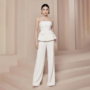 ชุดราตรีคอวีแขนกุดหรูหราสำหรับผู้หญิง ชุดทำงานสไตล์เกาหลี ชุดทำงานผ้าโพลีเอสเตอร์สีพื้น ชุดทำงานสไตล์เกาหลี