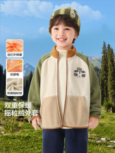 Boys Fleece Lined Plush Jacket Winter Warm Outerwear Childrens Clothing Polyester Fiber Zipper Closure Long Sleeve Stand Collar