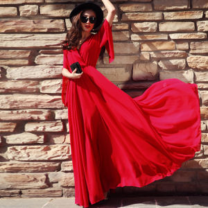 Elegant Red Chiffon Maxi Dress Womens Summer New Style Beach Skirt Long V-Neck Loose Waist Bell Sleeve A-Line Gown