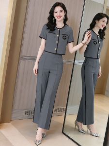 NUANPING | Bộ Quần Áo Nữ Mùa Hè Cao Cấp Phong Cách Dễ Thương Áo Blazer Tay Ngắn Quần Ống Rộng Cao Waist