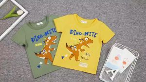 [zensasi] Baju Kaos T-Shirt Anak Laki-Laki Dan Perempuan Lengan Pendek Gambar Dinosaurus Warna Hijau Dan Kuning