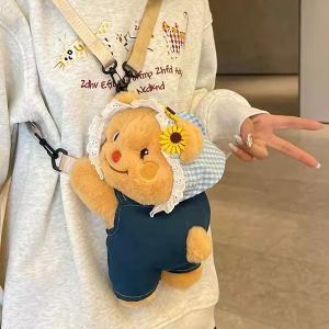 Adorable Bear Plush Toy Backpack Large Capacity Double Shoulder Bag for Girls Casual Style Cotton Material Cartoon Pattern