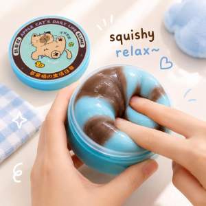 Apple Cats Daily Life Squishy Slime - Blue and Brown Swirl - Squishy Relax - Hands Playing - Blue Cloud Background
