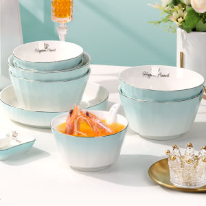 European Golden Rim Microwaveable Minimalist Fashion Ceramic Tableware Eating Bowl Food Plate Thickened and Anti-Scald Tableware Set Single