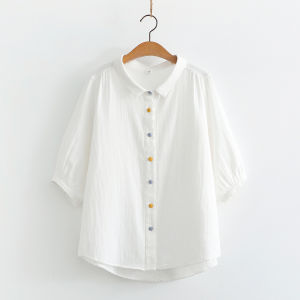 Áo Sơ Mi Cotton Dài Tay Thêu Hoa Phong Cách Nghệ Thuật Mùa Hè Cho Nữ Áo Sơ Mi Cotton Tay Giữa Thường Ngày Dáng Rộng Cổ Vuông