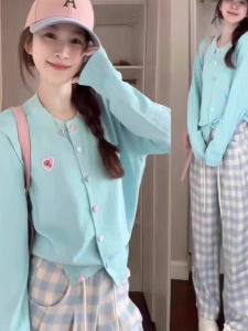 Áo Len Cardigan Dệt Kim Dài Tay Màu Xanh Nhạt Phong Cách Hàn Quốc Cho Nữ Áo Khoác Ngoài Mỏng Mùa Xuân Áo Len Cardigan Cổ Tròn