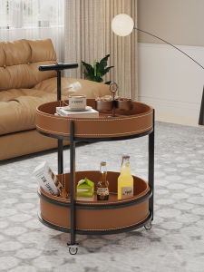 Italian Saddle Leather Trolley Sofa Side Table For Home Movable Tea Table with Wheels Snack Rack Good-looking