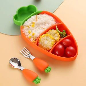 Carrot stainless steel spoon fork large capacity insulated silicone tableware set with smooth edges and safe material