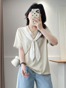 เสื้อยืดคอวีแขนสั้นผ้าลูกไม้ไซส์ใหญ่ เสื้อผ้าทำงานสไตล์เกาหลี ทรงหลวม ผ้าฝ้ายผสมโพลีเอสเตอร์ ทรงปกติ ฤดูร้อน