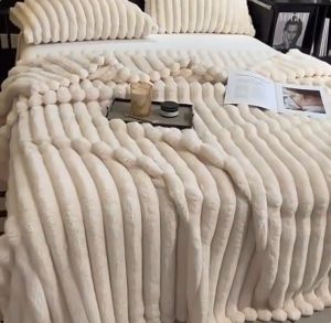 CozyFleece Super Soft Faux Fur Throw Blanket - Lightweight Stripe Pattern for Couch & Bedding