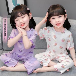 Ice Silk Childrens Sleepwear Summer Thin Short Sleeve Home Clothes Air Conditioned Set Baby Girls Casual Style Antibacterial