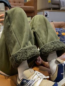 Womens Suede Thickened Straight Leg Pants Korean Style Wide Leg Autumn Winter New Student Fashion Casual Trousers