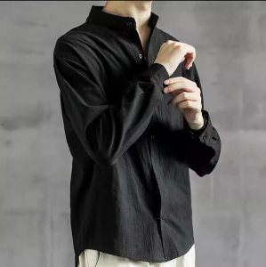 Loose Fit Mens Linen Shirt Casual Long Sleeve Black Oxford Cloth Youth Fashion Autumn Spring Season Thin Model No Brand