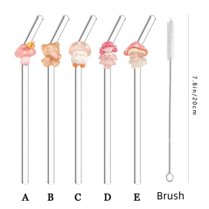 1/5PCS Forest Mushroom Glass Straw Reusable Bent Straw for Coffee &Drinks Perfect for Beach Parties Picnics Dessert Shops