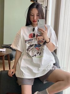 เสื้อยืดแขนครึ่งสไตล์เกาหลีหลวมสําหรับผู้หญิงฤดูร้อนพิมพ์ผ้าฝ้ายเสื้อผ้าทํางานความยาวกลางความยาวยาวสบายๆเก๋