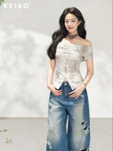 KEIKO | Off-Shoulder Letter Sequin Cinched Waist Tie-Dye T-Shirt