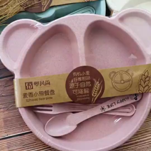 Baby Dinnerware Anti-hot Wheat Training Plate Cartoon Bear Bowl Spoon Fork Feeding Tableware Set