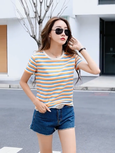 Womens Casual Top fashion striped t shirt for woman summer versatile Korean t shirt top