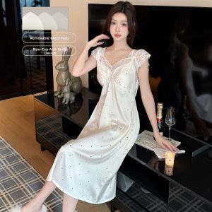 Ice Silk Strap Sleeping Dress with Pads Summer Elegant Dot Lace High Class Home Wear