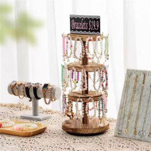 Wooden Rotatable Jewelry Display Stand Bracelet Necklace Storage Rack Desktop Vendor Ornament Arrangement Bracket