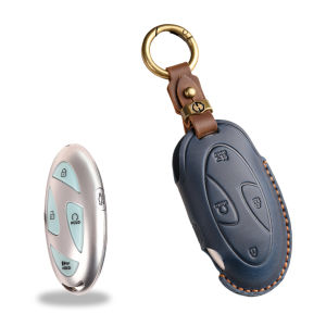 Handmade Vintage Leather Key Case for Hyundai Full Wrap with Orange Stitch & Antique Ring for Grandeur GN7 Kona EV