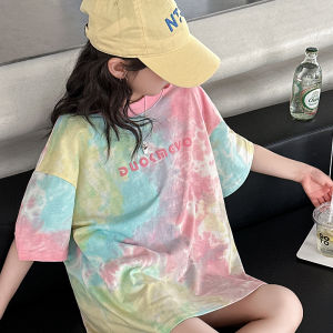 Girls Tie Dye Short Sleeve T-Shirt Loose Fit Childrens Summer Top Half Sleeve Casual Style round Neck Kids Clothing
