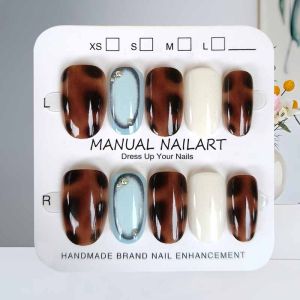 10Pcs Blue Brown Retro Leopard Print Press on Nails Almond Shaped Polka Dot with Drill Gentle and Fresh Nail Patch False Nails