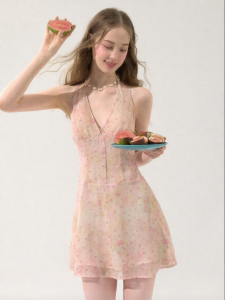 Serie S Sweet Romantic Pink Floral Chiffon Vest Dress