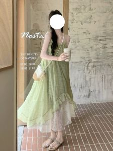 Mint Wave Green Dress Womens Super Fairy Summer Beautiful Lace Mesh Splicing Strap Dress Retro Style High Waist Loose Fit A-Line
