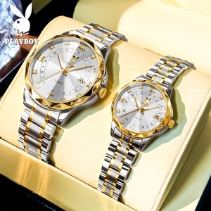 PLAYBOY Couple Watch Original Waterproof 2024 Fashion Elegance Korean Style Stainless Steel Calendar Luminous Quartz Watch