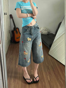QIANCHANGNAAI | Cute Embroidery Washed Denim Capris