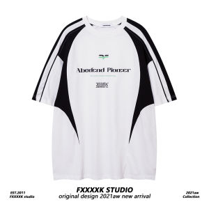FXK Original Summer American Trendy Brand Spliced Color Block Weave Belt Decomposed Loose Short Sleeve T-Shirt Retro Sport Style Half Sleeve