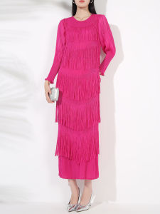 Nova quality⭐One person one pleat ⭐Miyake new womens dress fringe design sense of pleated dress foreign air waist slimming solid color long dress