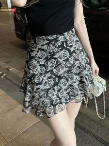 Retro French Lace Trim Floral Print High Waist Womens Skirt Summer 2023 Slimming Stylish Short A-Line Midi Skirt