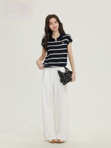 Wide Leg Casual Pants Womens Drawstring Loose Straight Floor-Length Trousers Summer New Style Elastic Waist Korean Version